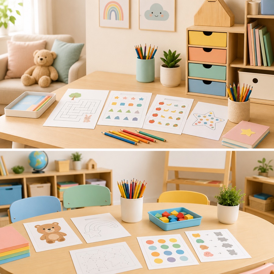 Actividades imprimibles organizadas sobre una mesa infantil