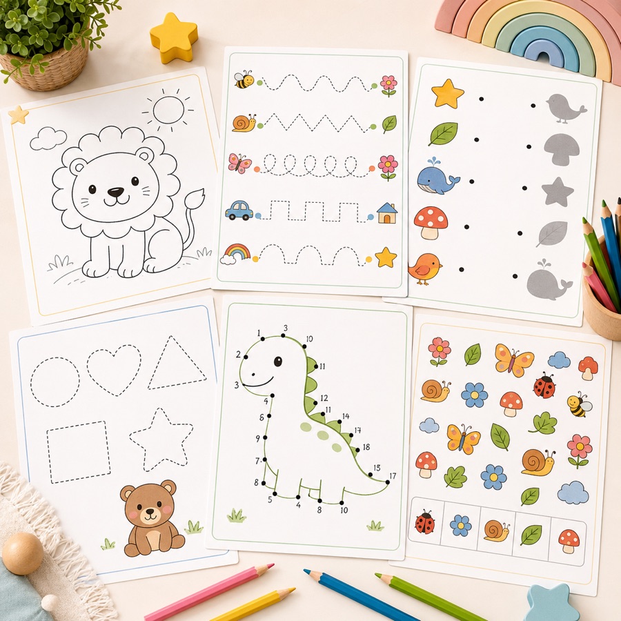Conjunto de fichas de preescritura, asociación visual y coloreado